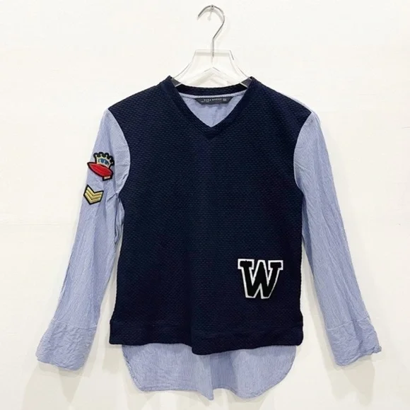 Zara Poplin Oversized 2 in 1 Collegiate Shirt Top Long Sleeve Size XS Blue - Picture 1 of 6